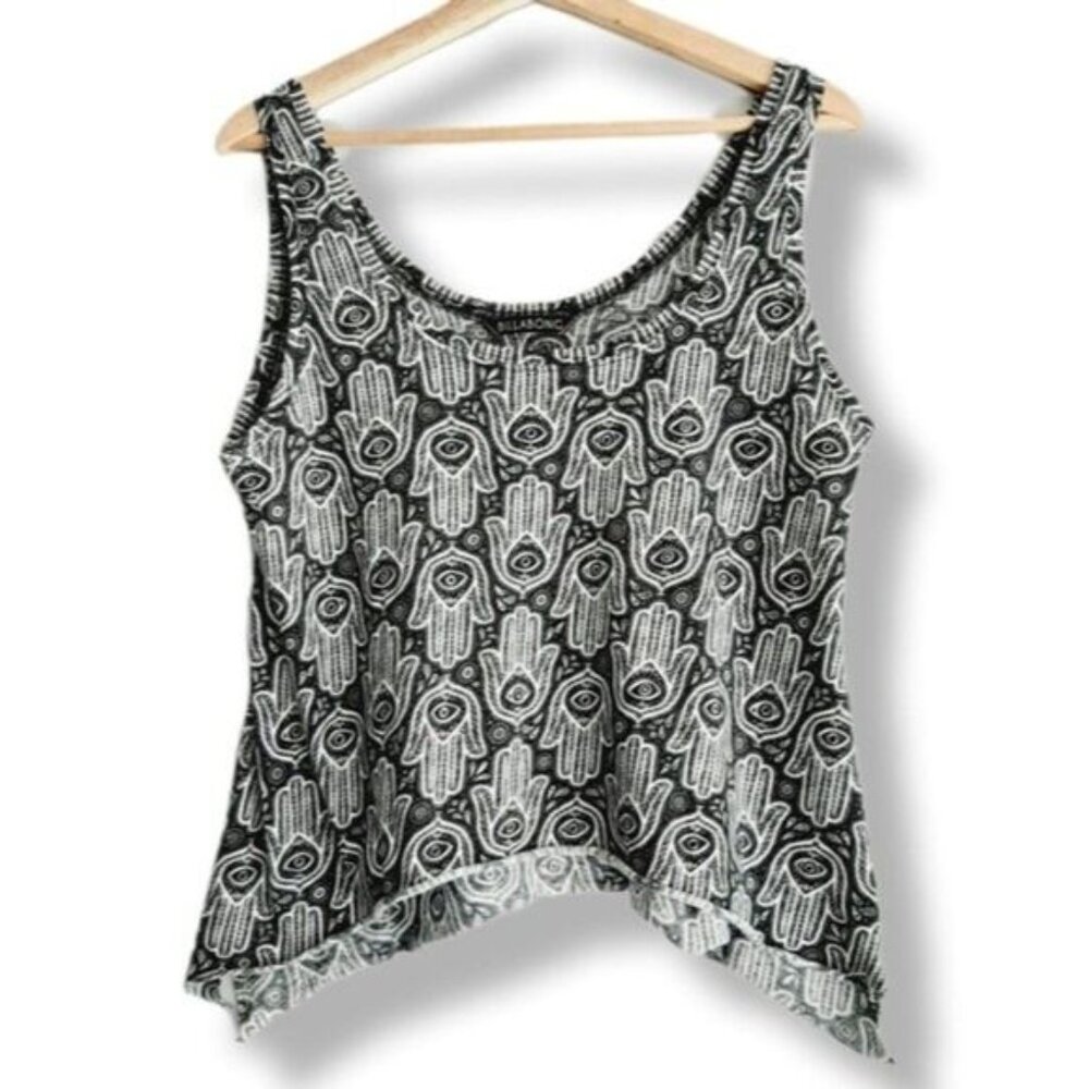 BILLABONG Boho Hamsa Hand / Evil Eye Print Shark Bite Tank Top B&W Sz S